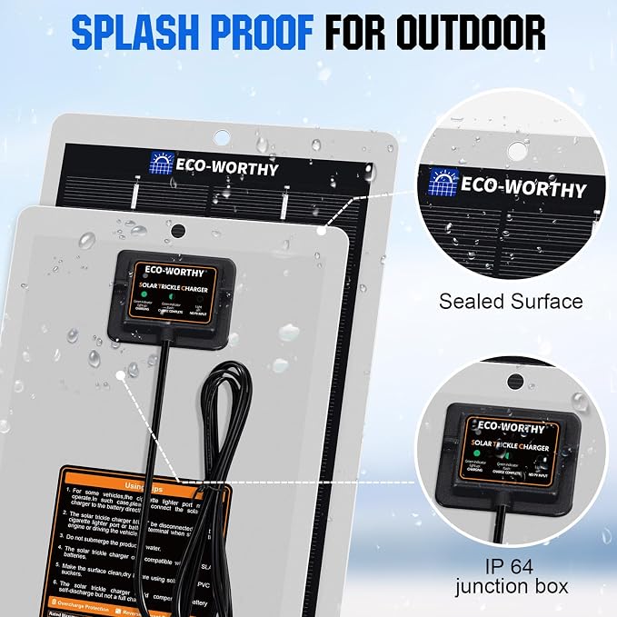 ECO-WORTHY 2.5W Solar Car Battery Charger Maintainer 12V Waterproof Solar Panel Portable Solar Trickle Charger for Car Truck Boat Lawn Mower RV Trailer Tractor Utility Vehicle Battery