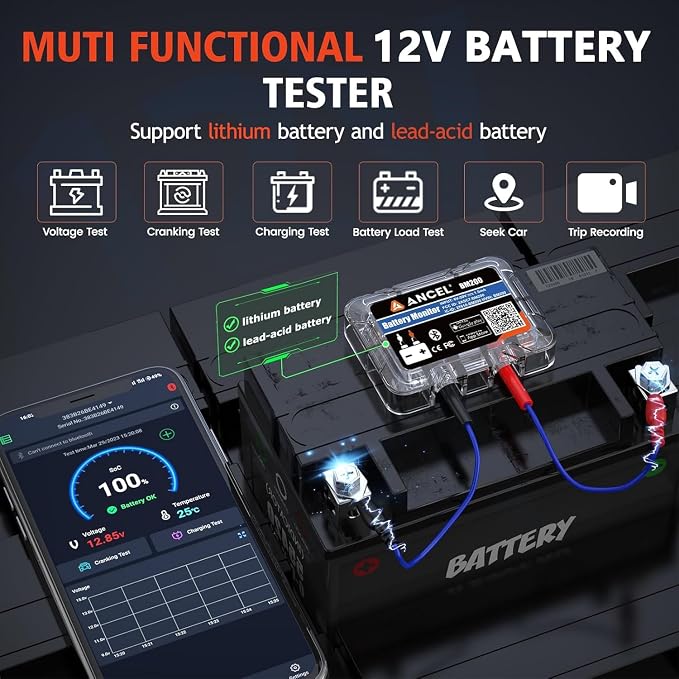 ANCEL BM200 Blue-US Battery Monitor 12V Automotive Bluetooth Auto Battery Load Tester with Cranking Charging Test Alarm Record Voltage History Voltmeter for Car (Blue Version)