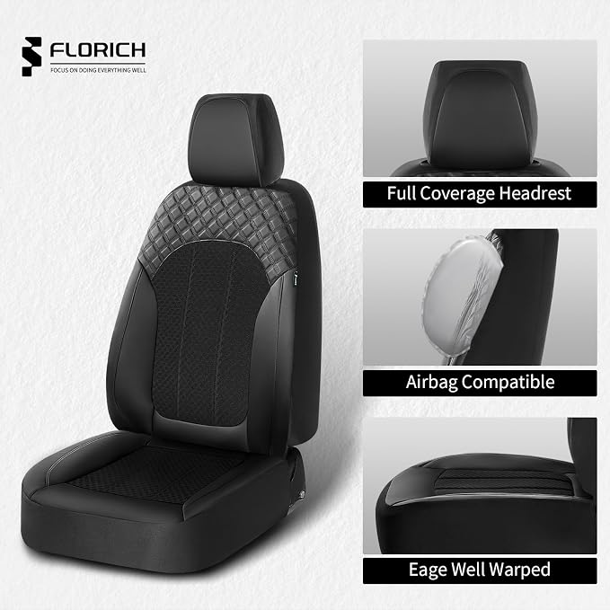 FLORICH Automotive Seat Covers Front Seat Cover Leather & Mesh Car Seat Cover Breathable Cars Seats Protector Cushion Car Interior Cover Universal Fit for Most Car SUV Sedan Truck, Black