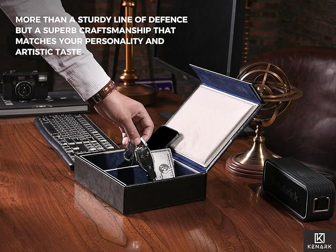 KK7 PLUS-DB Faraday Key Fob Protector Box with 2 Slots, RFID Signal Blocking Shielding Box for Car Keys, Anti-Theft Vintage Faraday Cage with High-Grade Protein Leather, Black & Blue - Size: XL