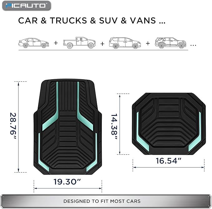 PIC AUTO Heavy Duty Rubber Floor Mats, Mint Aluminum Film Car Mats Set, Front and Rear Car Mats with Anti-Slip Backing, All Weather Protection, Trim-to-Fit for Automotive SUV, Sedan, Van
