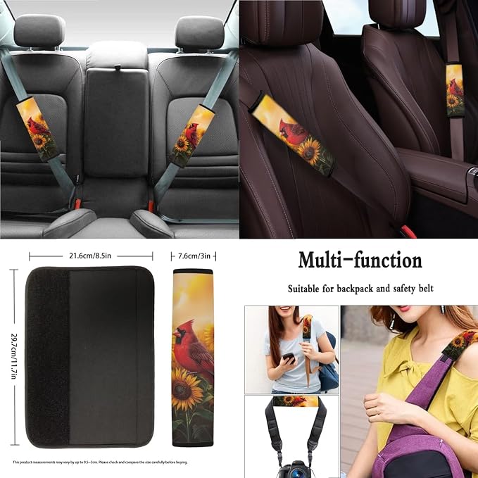 Suobstales Cardinal Sunflower Print Car Accessories Seat Covers for Cars for Women Full Set with Steering Wheel Cover + Seat Belt Covers Shoulder Pads + Coasters + Keychains Interior Cover Set of 11