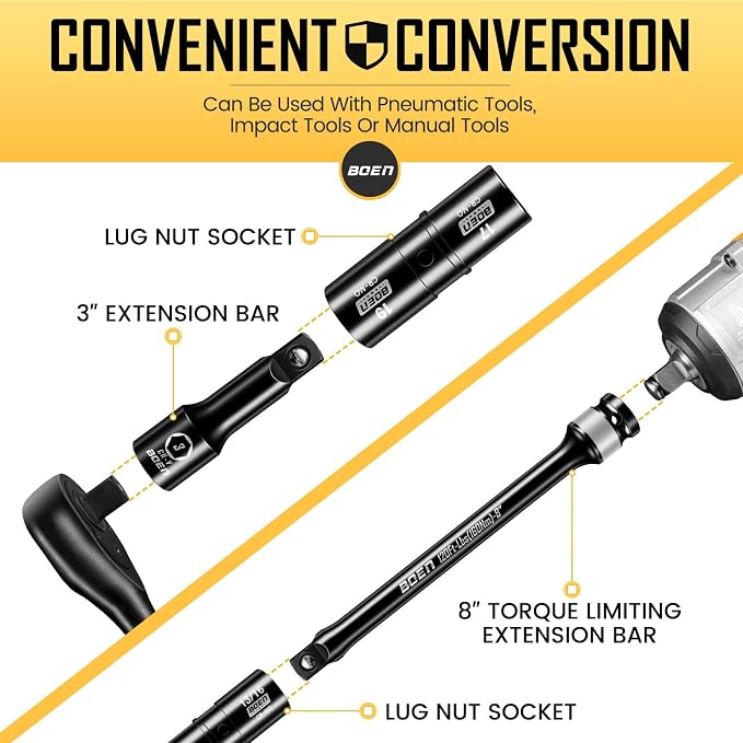 boen 9PCS 1/2" Drive Impact Torque Limiting Extension Bar And Flip Lug Nut Socket Set, 90 to 120 Ft-Lbs (120-160Nm), 8" Length Torque Sticks, Metric & SAE Double-Sided Sockets, Cr-Mo Impact Grade