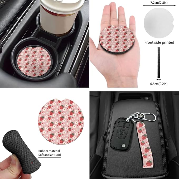 Strawberry Car Accessory for Women,Pink Strawberry Car Seat Cover with Daisy Flower,Universal Fit Cute Steering Wheel/Seatbelt/Keychain/Gear Shift Knob Handbreak Cover/Mirror Cover Set of 14