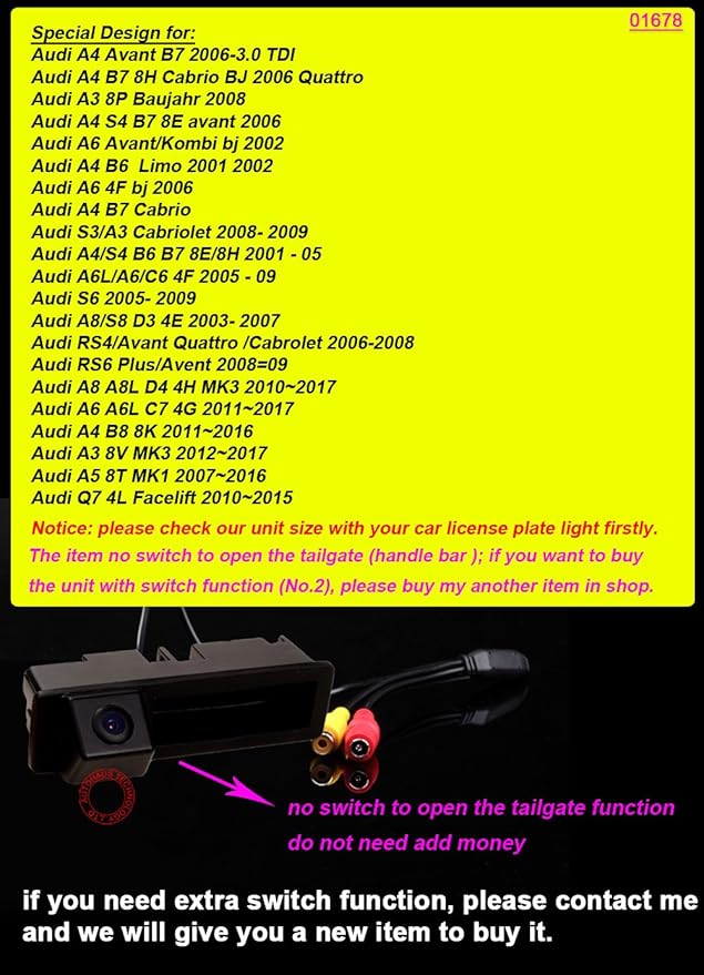 Trunk Handle Vehicle Camera Integrated into Case Handle Rear View Camera Parking Reverse for A6L/Q7/A3 8P 8V /A4 B6 B7/A6L/8E /S5 (Model 01678=110x30 mm)