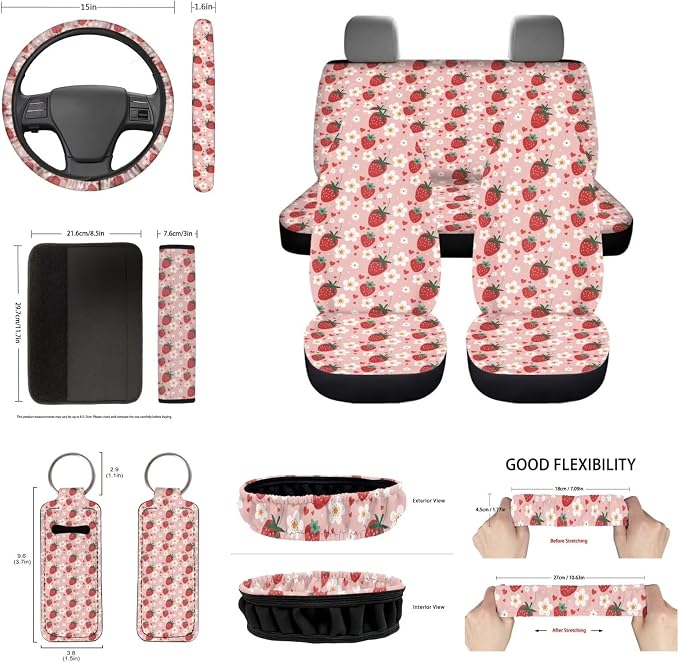 Strawberry Car Accessory for Women,Pink Strawberry Car Seat Cover with Daisy Flower,Universal Fit Cute Steering Wheel/Seatbelt/Keychain/Gear Shift Knob Handbreak Cover/Mirror Cover Set of 14