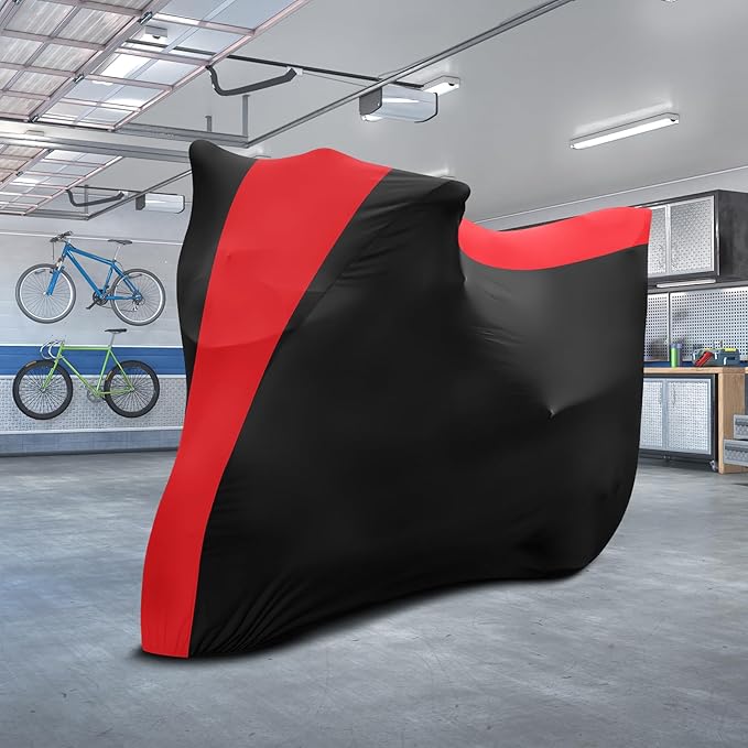 Indoor Motorcycle Cover, Soft Stretch Elastic Dustproof Protection Windproof Cover for Bike, Black and Red Stitching Motorcycle Cover for 104 x 41 x 49 in