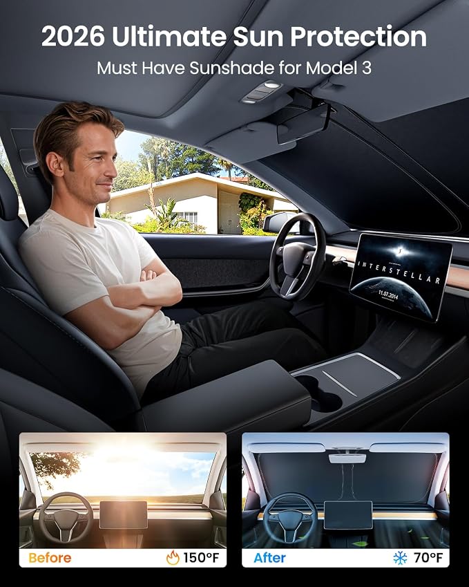 REEVAA 2026 3rd Pro Windshield Sunshade for Tesla Model Y/3 2019~2026 | Size (56 × 36 Inches) | Dual-Layer Heat & Sun Defense, OEM Design | Foldable Sun Shade Car Accessories with Storage Bag