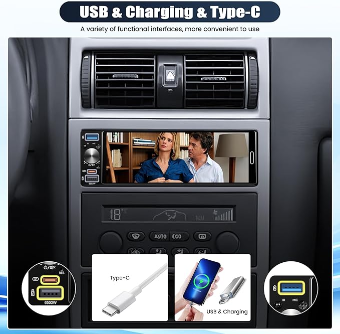 Single Din Touchscreen Car Stereo with Wireless Carplay&Android Auto,6.5 Inch Car Radio MP5 Player with Bluetooth FM Radio EQ Car Audio with USB/Type-C SWC+Backup Camera