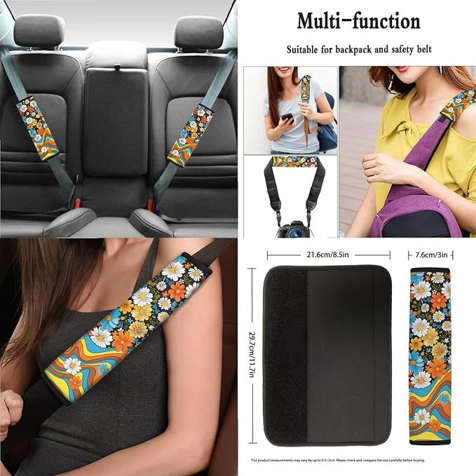 Car Accessories Car Seat Covers Full Set/Seatbelt Shoulder Pads/Coasters/Key Ring/Lipstick Holder for Women's Vehicle Decor(13 Pack), Colorful Hippie Floral Print