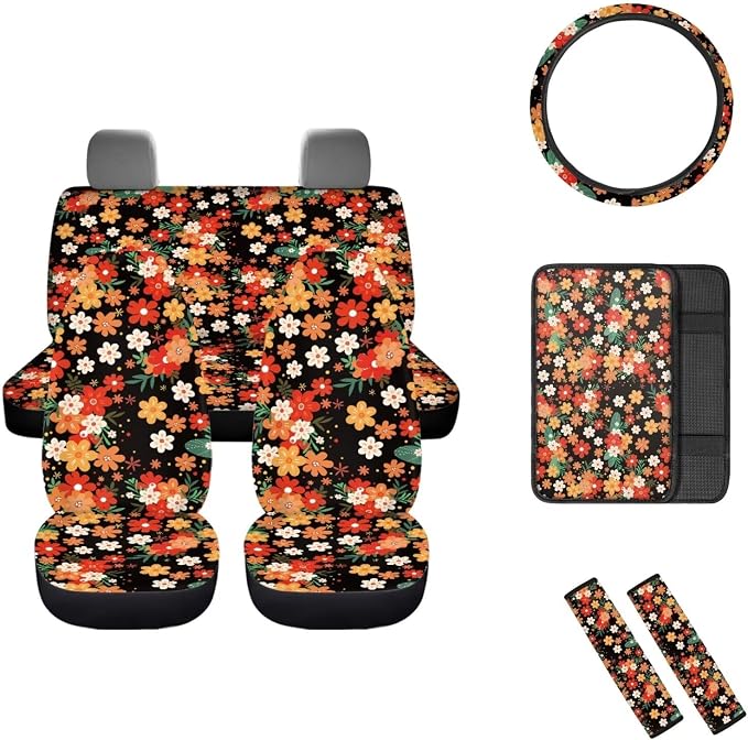 Mumeson Spring Flowers Car Seat Covers Set with Steering Wheel Cover, Seat Belt Shoulder Pads,Car Armrest Cushion of Car Full Set of 8 Pieces Auto Interior Protector Set for Womens