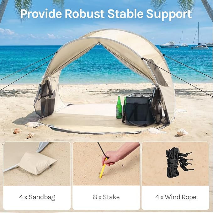 Wolfwise Pop up Beach Tent Sun Shelter with UPF50+ UV Protection, Instant Easy Setup Popup Beach Shade Canopy for 3 Person, Portable & Foldable with Carring Bag, 87 ×57×47 in, Beige