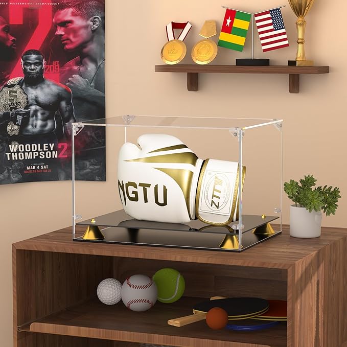 KOLIPI Boxing Glove Display Case, Clear Acrylic Display Case with Double Layer Base for Full Size Boxing Glove, Self-Assembly Showcase Protector for Signed Memorabilia