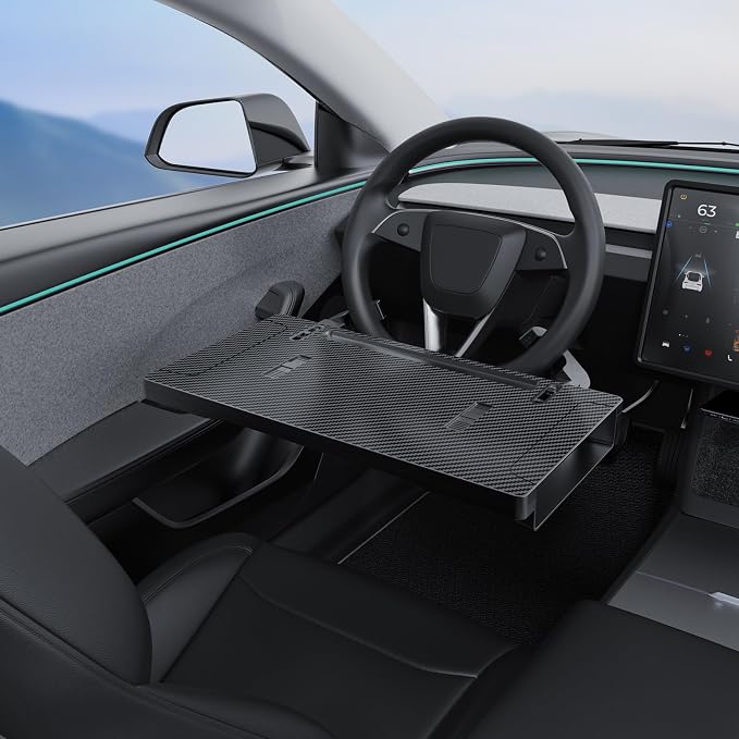 2-in-1 Car Steering Wheel Desk Tray & Slim Seat Gap Filler Organizer, Foldable Car Table for Eating Working, Carbon Fiber Car Laptop Tray & Seat Organizer for Car SUV Truck