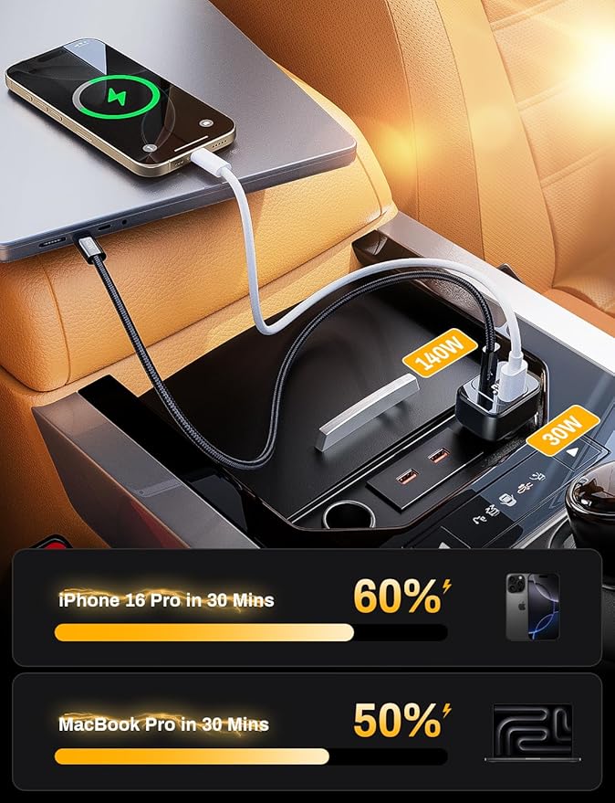 USB C Car Charger Fast Charging 170W, PD3.1 Single Type-C Port Max Output Power 140W Car Charger with Real-Time Display for MacBook, Laptop, iPhone 17/16/15, Samsung S25, Drone and More Black