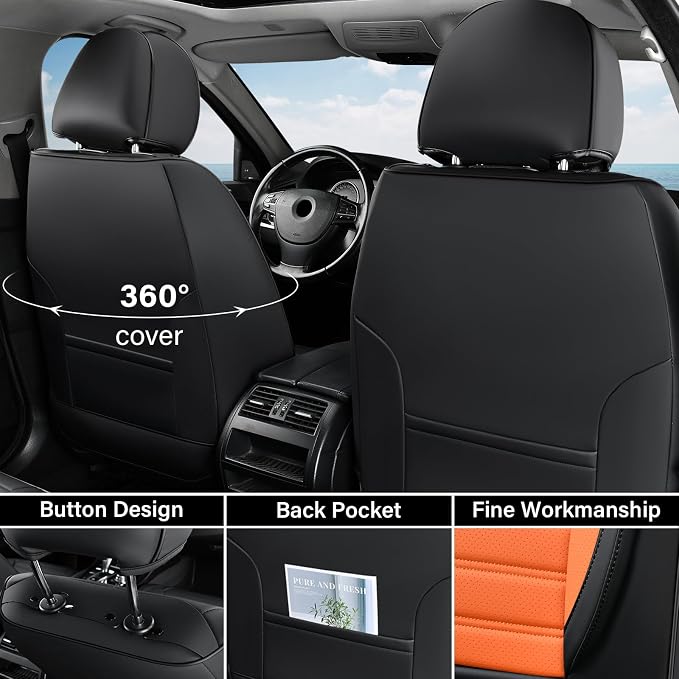 Coverado Car Seat Covers Full Set, Seat Covers for Cars, Automotive Seat Covers, Waterproof Nappa Leather Front Seats and Back Car Seat Protector, Universal Fit for Most Cars SUV Trucks,Black&Orange