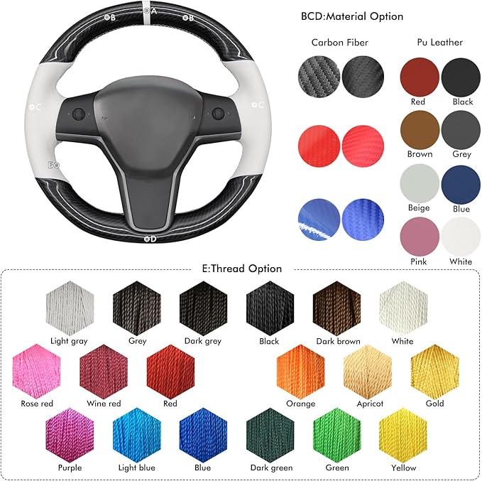 MEWANT Hand Stitch White Faux Leather PU Carbon Fiber Steering Wheel Cover Wrap for Tesla Model Y 2023 Model 3 2023