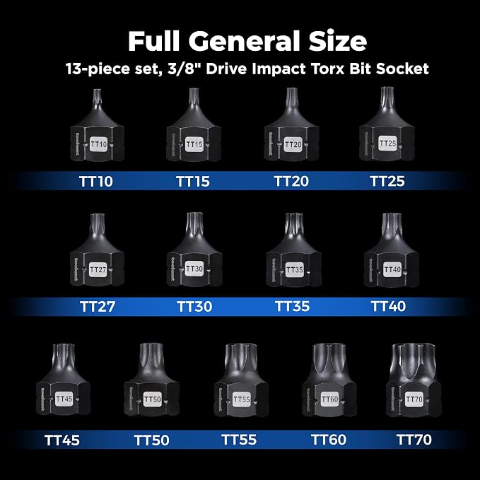 toolant 3/8"drive impact torx bit socket set 13PCS,Hex Drive,TT10-TT70, S2 Steel Air Drive Torx Socket set,Impact Grade，Anti-Roll Design