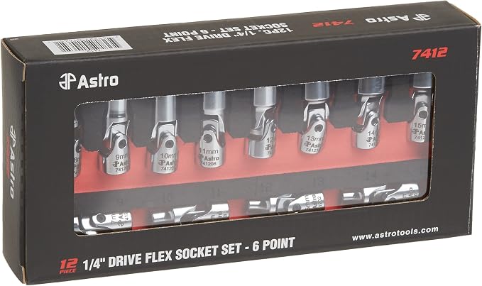 Sunex 1822, 1/4 Inch Drive Magnetic Impact Socket Set, 12-Piece, Metric, 5mm-15mm and Astro Pneumatic Tool 7412 12-Piece 1/4" Drive Flex Socket Set - 6 Point - Metric