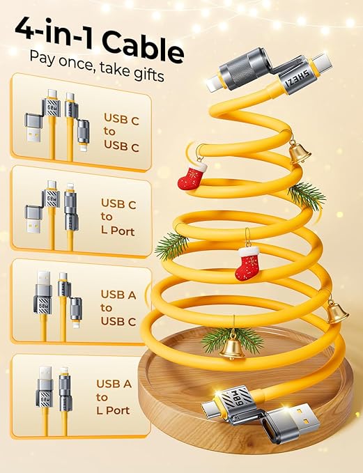 Coiled Cable 4-in-1 USB C Cable 60W Compatible with Lightning Cable Fast Charging & Data Transfer, Support to CarPlay & Android Auto, 5FT Multi Cord Combo Charger for iPhone/iPad