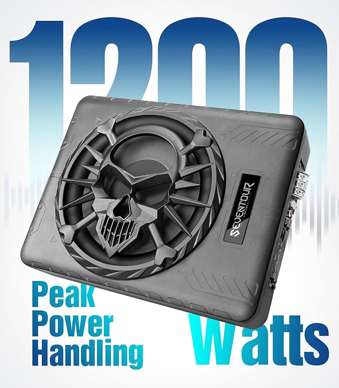 Seventour 10" 1200W Slim Under Seat Powered Car Subwoofer, Car/Truck Audio Sub Built in Amplifier amp Combo, with LED Ambient Light (Subwoofer + Mounting Wire Kit)