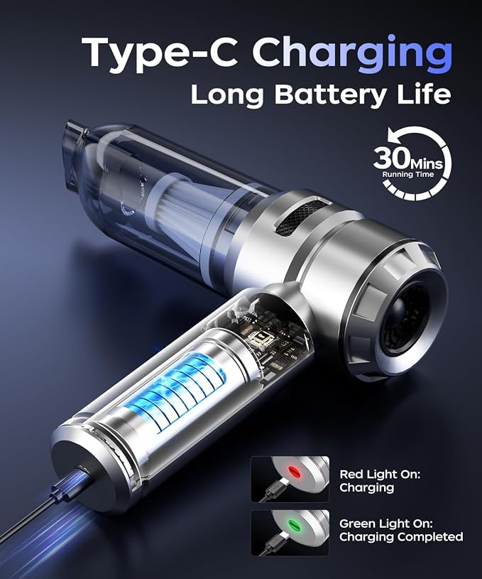 VNOST Car Vacuum,3 Suction Modes,Portable Mini Cordless Cleaner with 50000pa Suction Power,Type-C Charge,Handheld Vacuum for Home,Car,Birthday Gifts for Men Dad(Silver)