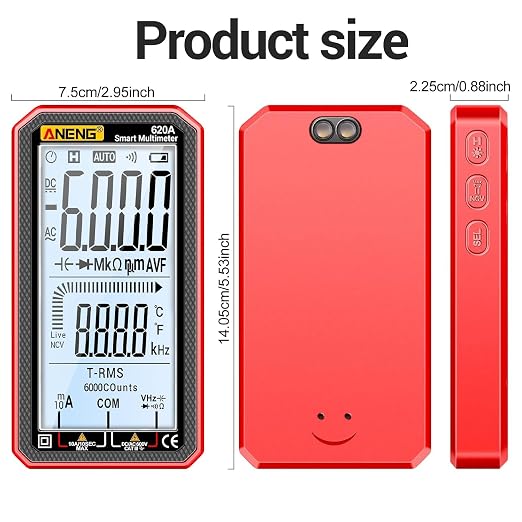 Digital Multimeter Tester, Smart Multimeter with Auto Ranging Digital Voltmeter Measures Voltage Current Resistance Continuity Capacitance Temperature for Electricians,DIY (620C Red)