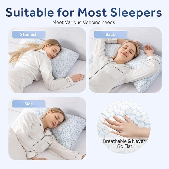 QUTOOL Double Sided Cooling Pillow for Side and Back Sleepers,Adjustable Soft & Firm Shredded Memory Foam Pillows for Neck Pain Relief,Curved Bed Pillows Queen Size Set of 2