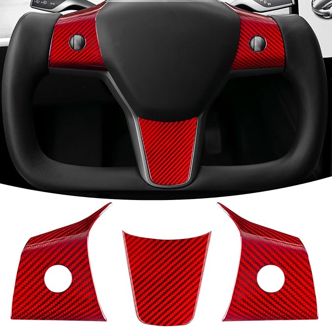 T-carbon Real Glass Fiber Steering Wheel Trim Cover Compatible with Tesla Model 3 2017-2023, Model Y 2020-2025 Steering Wheel Wrap Interior Decorative Accessories, Red