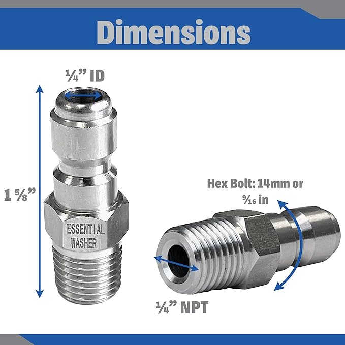 Essential Washer Stainless Steel ¼” Plug Male NPT | Pressure Washer Quick Connect Fittings | 5000 PSI | Set Of 4