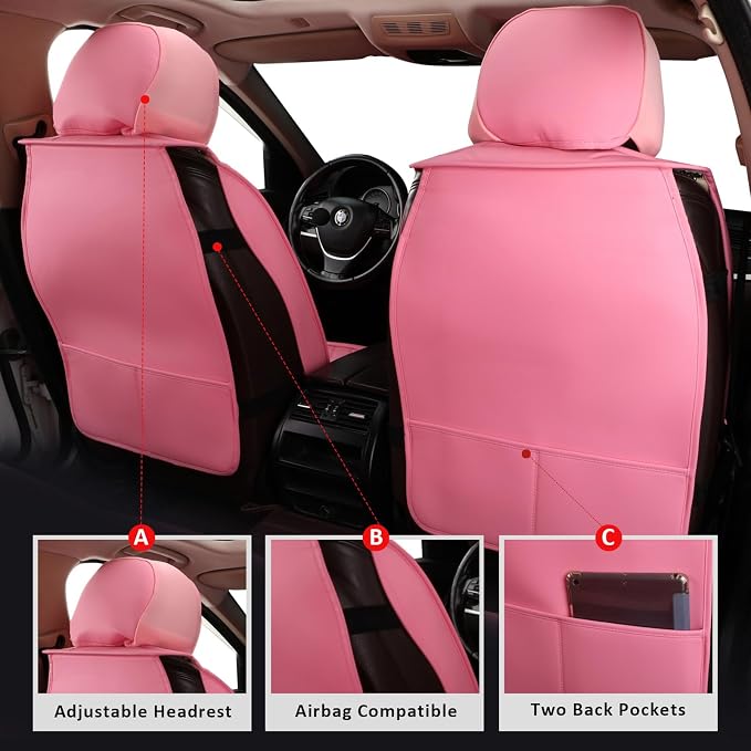 MIROZO Front Seat Covers,Leather Car Seat Covers,Pink Black Car Seat Cover,Automotive Seat Covers Universal Car Seat Protector Seat Cushion for Sedan, Truck and SUV (2PCS Front, Pink)