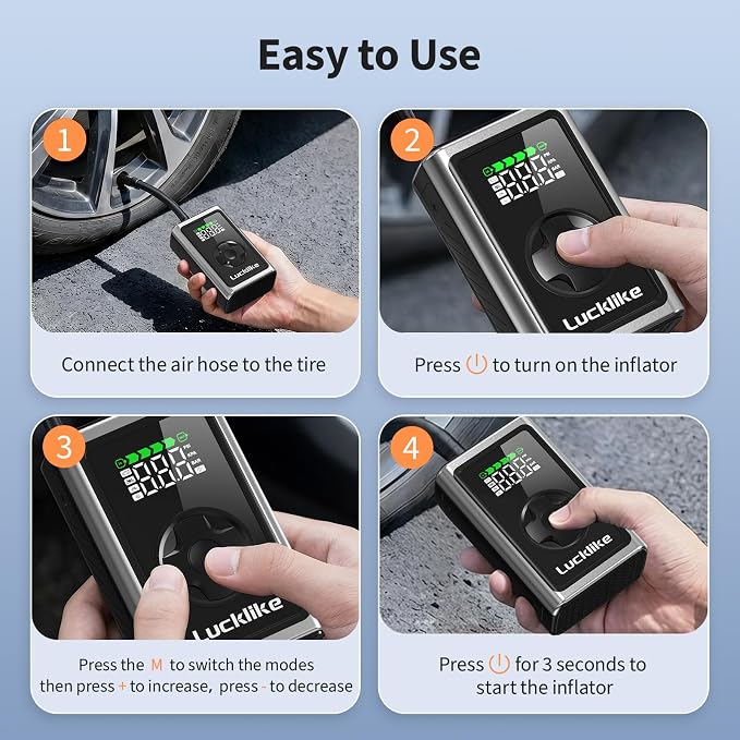 Lucklike Tire Inflator Portable Air Compressor, 150 PSI Cordless Bike Pump, 5X Faster Air Pump for Auto, Motorcycle, Bicycle, Balls, with Pressure Gauge, LED Light & Car Accessories, Standard Capacity