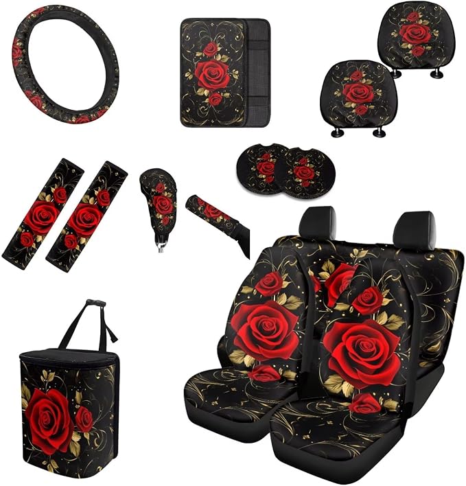Red Rose Car Seat Covers Full Set for Women with Steering Wheel Cover Seat Belt Cover Pad Cup Car Coasters Trash Can Car Headrest Pillow Covers Armrest Pad,15 Pcs Set