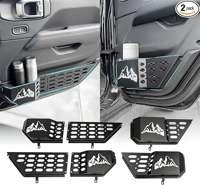 Front & Rear Door Pocket Cup Holder Organizer Fit for 2018-2026 Jeep Wangler JL JLU 4xe Rubicon Sahara & Gladiator JT Accessories, Metal Door Side Insert Storage Box (Not for Power Seats)