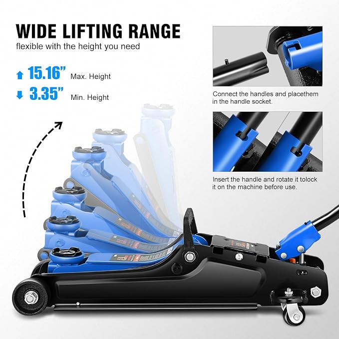 DNA Motoring Low Profile Hydraulic Trolley Service/Floor Jack, 2.5 Ton (5500 lbs) Capacity, Lifting Range 3.35"-15.16",Blue, TOOLS-00676-BL