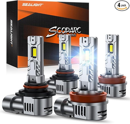 SEALIGHT 𝐇𝟏𝟏/𝐇𝟗/𝐇𝟖 and 𝟗𝟎𝟎𝟓/𝐇𝐁𝟑 Fog Lights Combo, 100,000LM Wider Driving Vision, 9005 H11 Fog Lights with Cooling Fans, Plug and Play, Pack of 4