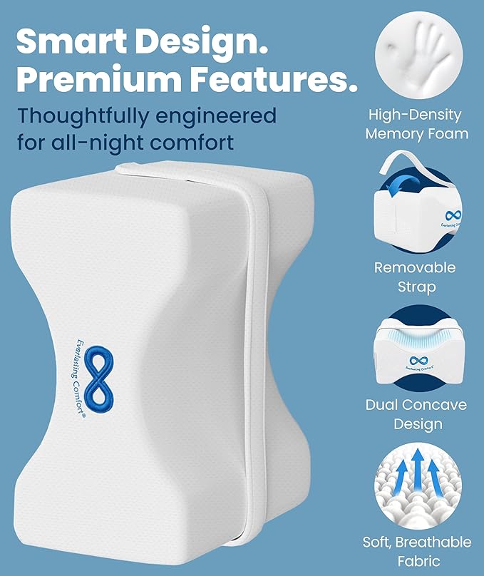 Everlasting Comfort Memory Foam Knee Pillow for Side Sleepers – Sciatica Pain Relief, Adjustable Strap – Leg Pillow for Knee, Back & Hip Alignment (Pack of 2)