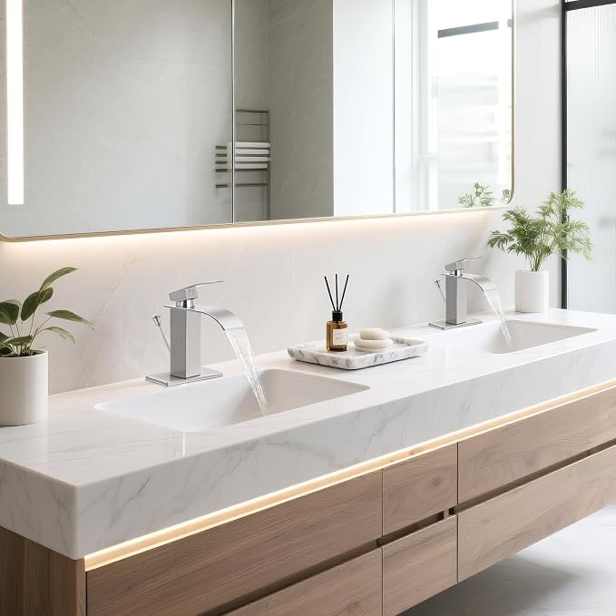 Brushed Nickel Bathroom Faucet with Lift Rod Drain, Waterfall Bathroom Sink Faucet Modern Single Handle Bathroom Faucte 1 or 3 Hole, RV Mixer Tap Vanity Faucet Washbasin Faucet with Deck