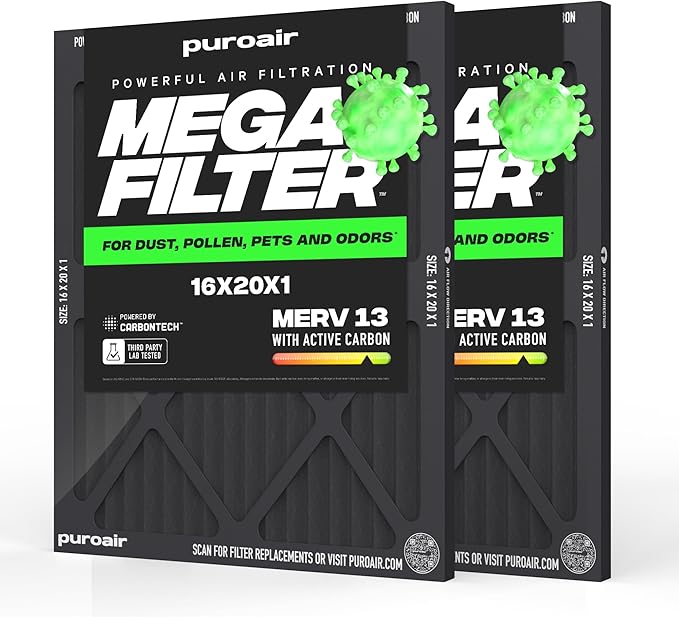 PuroAir MegaFilter - 16x20x1 Air Filter MERV 13 Activated CarbonTech Defense - Heavy Duty 3 Layer Furnace Filters Allergens, Pollen, Dust, Pet Dander, Smoke, Odors - HVAC Air Filter 16x20x1 (2-Pack)