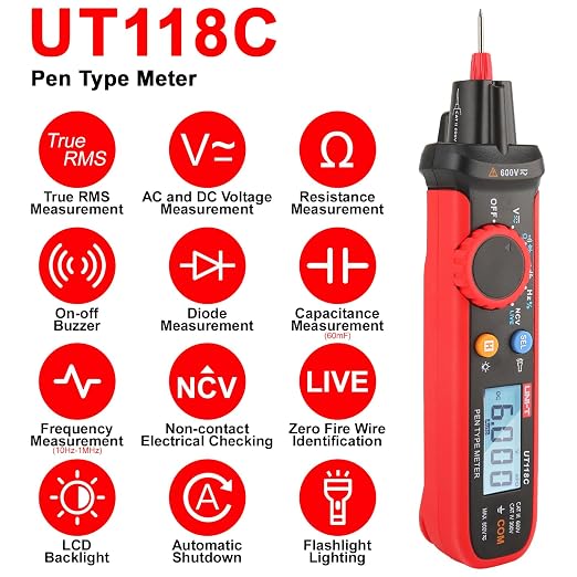 UNI-T UT118C Digital Multimeter Pen Type 6000 Counts Professional Meter Non-Contact Auto AC/DC Voltage Ohm Diode Tester for Tool