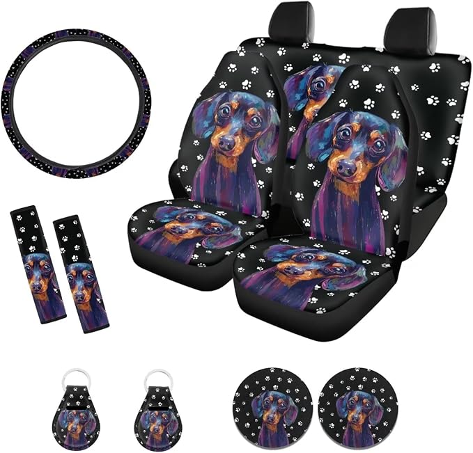 Xoenoiee Dachshund Dog and Paw Print Front Rear Seat Cover for Car SUV Interior Accessories Set with Steering Wheel Cover, Seat Belt Cover, Auto Coasters, Key Chains, 11 Pcs