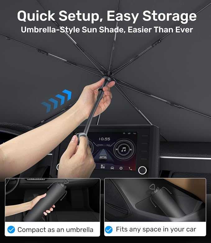 Zanch 2026 Upgraded Car Windshield Sun Shade [Cool Down by 75℉ ] with Heat Insulation Coating, Foldable Sunshade Umbrella with Flexible Handle & Ribs, Large (34''x61'') for Large SUV, Truck, Van