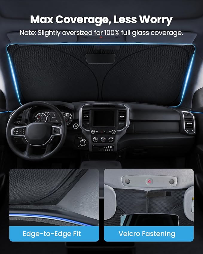 REEVAA 2026 3rd Pro Windshield Sunshade for 2019-2026 Dodge Ram 1500 | Dual-Layer Heat & Sun Defense, OEM Design | Foldable Sun Shade Car Accessories with Storage Bag