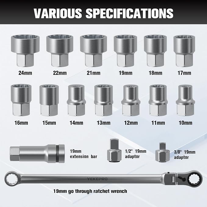 17-Piece Pass Through Socket Set Wrench Set, 10-24mm Double Box End Ratchet, 3/8" & 1/2" Drive Adapters, 72-Tooth, CR-V Steel