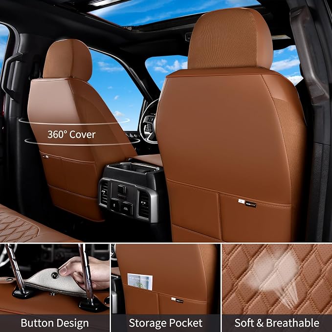 Huidasource Fit for Brown Chevy Silverado Seat Covers, GMC Sierra Seat Covers, Thickened Nappa Leather Truck Seat Cover 2007-2013&2019-2025 1500, 2020-2025 2500HD 3500HD Crew Double Extended Cab