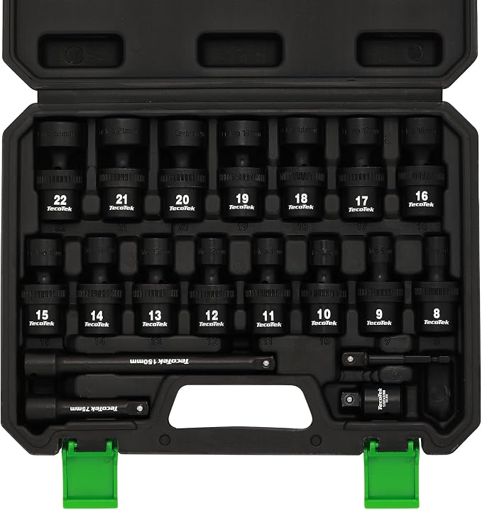 TecoTek 19 PCS 3/8" Drive Shallow Universal Impact Socket Set, Swivel Socket Set, 8-22mm, Metric Socket Set with Flexible Wobble, Cr-Mo Steel, Includes Extension Bars and Adapter