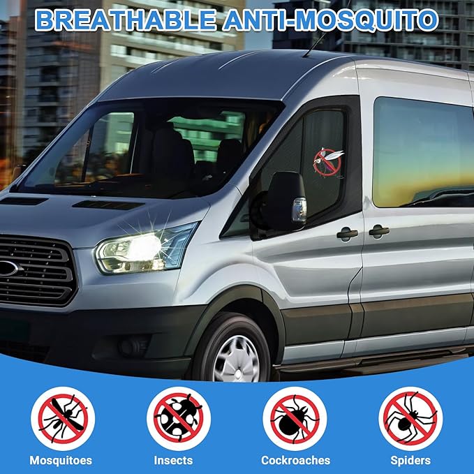 Magnetic Van Window Screens, 47 x 33 inches Front Door Bug Screens (Pair), Universal Size for Transit Van, Promaster, Sprinter and Other Vans & Cars, Keeps Bugs Out Magnetic Bug Mesh, Easy to Install