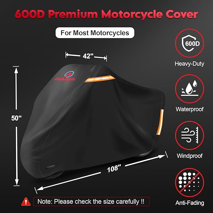 Comnova Motorcycle Cover 108 Inch - 600D Waterproof Outdoor Motorcycle Cover with Lock Hole, Powersports Vehicle Covers with All-Season Protection for Motorcycles