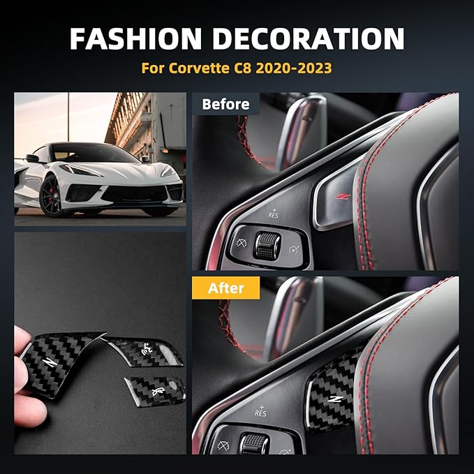Real Carbon Fiber Steering Wheel Button Covers - 3PCS for Corvette C8 2020 2021 2022 2023 Carbon Fiber Accessories, Anti-Scratch Protective Accessories (Without Heating Button, Black)