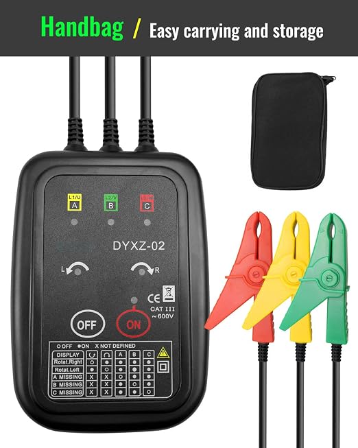 3 Phase Rotation Tester Non Contact Rotation Meter AC 70~600V | High Magnetic Induction Phase Sequence Detector with 22 Inch Clamp Lead, LED, Carrying Bag Auto Power Off Phase Meter